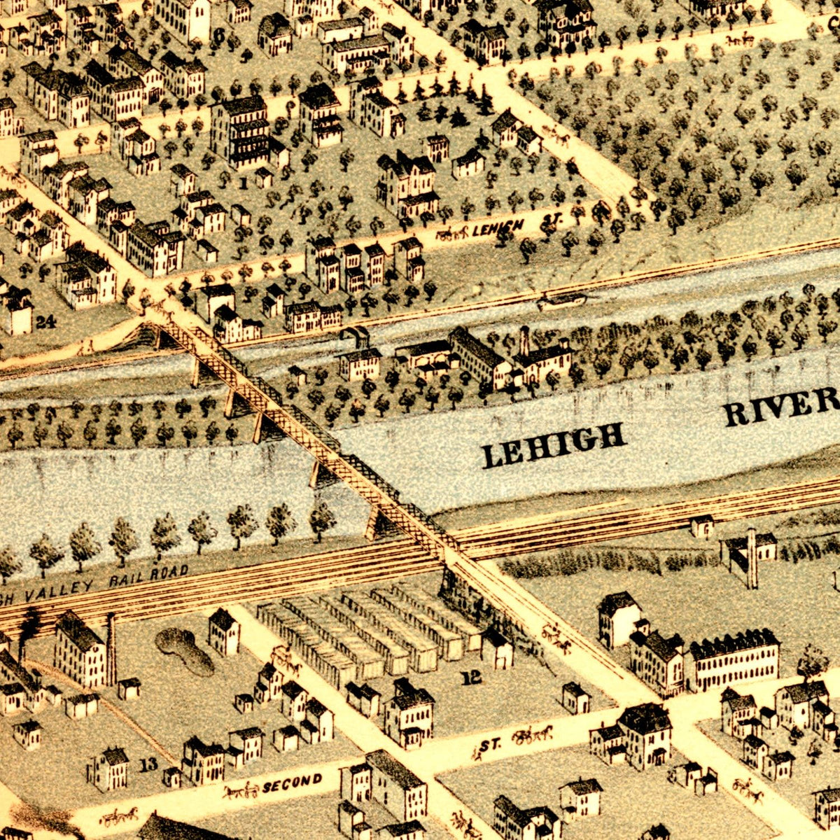 Restored historic details from the 1878 city map of Bethlehem, Pennsylvania
