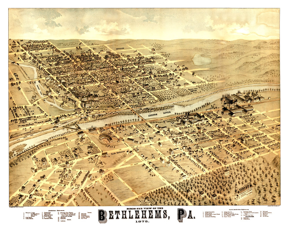 Vintage Map of Bethlehem, Pennsylvania 1878 print style example