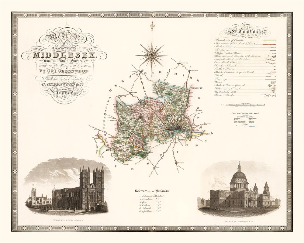Vintage Map of Middlesex England, 1829 print style example