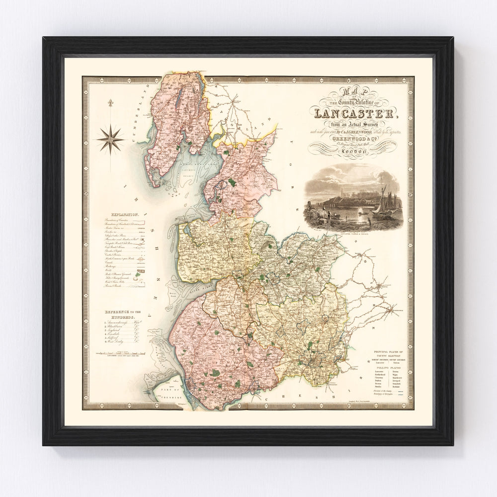 Map of the county palatine of Lancaster England Vintage Map 1830