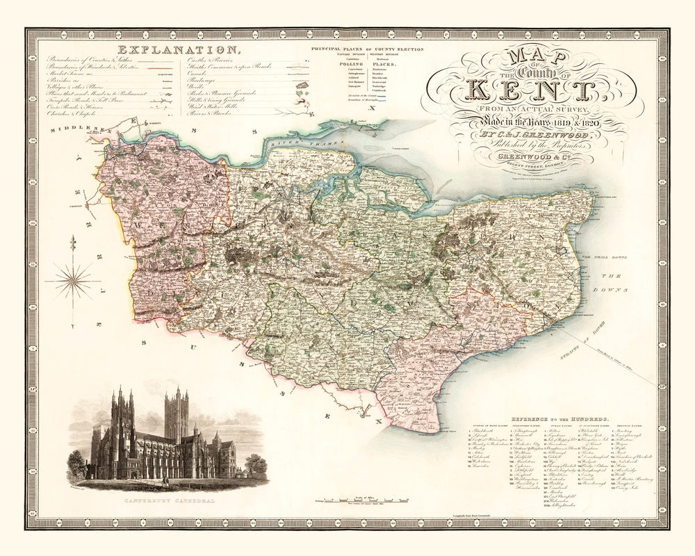 Vintage Map of Kent England, 1829 print style example