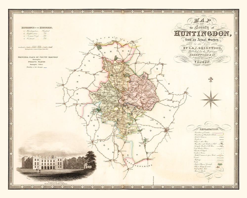 Vintage Map of Huntingdon England, 1831 print style example