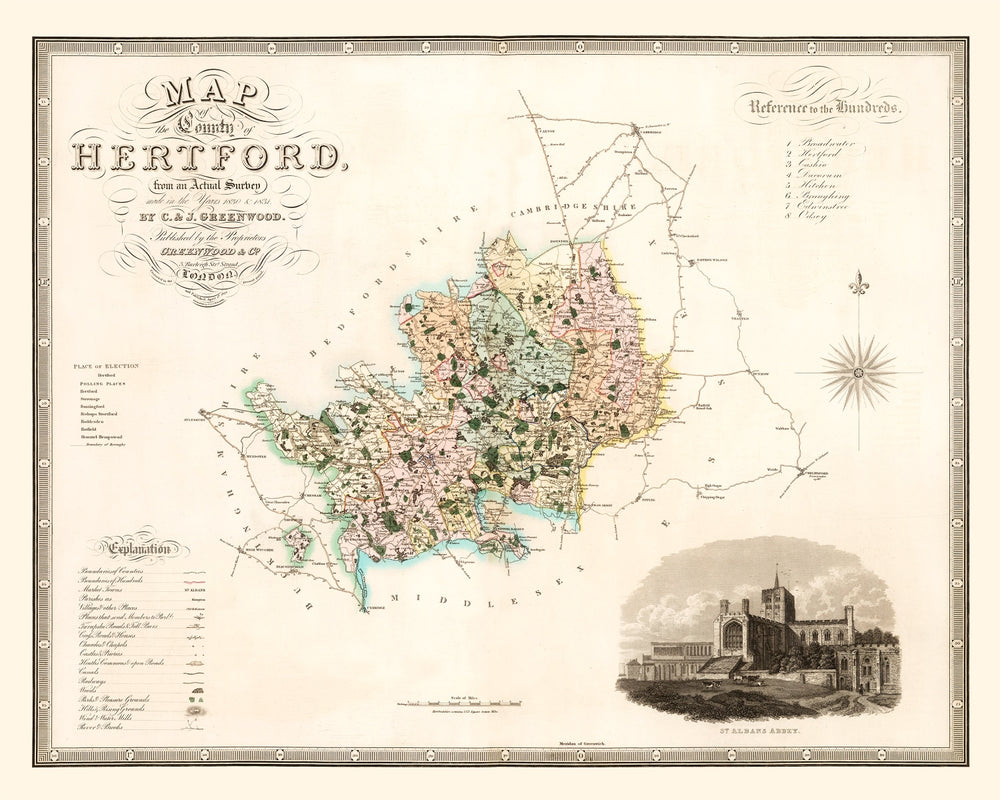Vintage Map of Hertford England, 1834 print style example