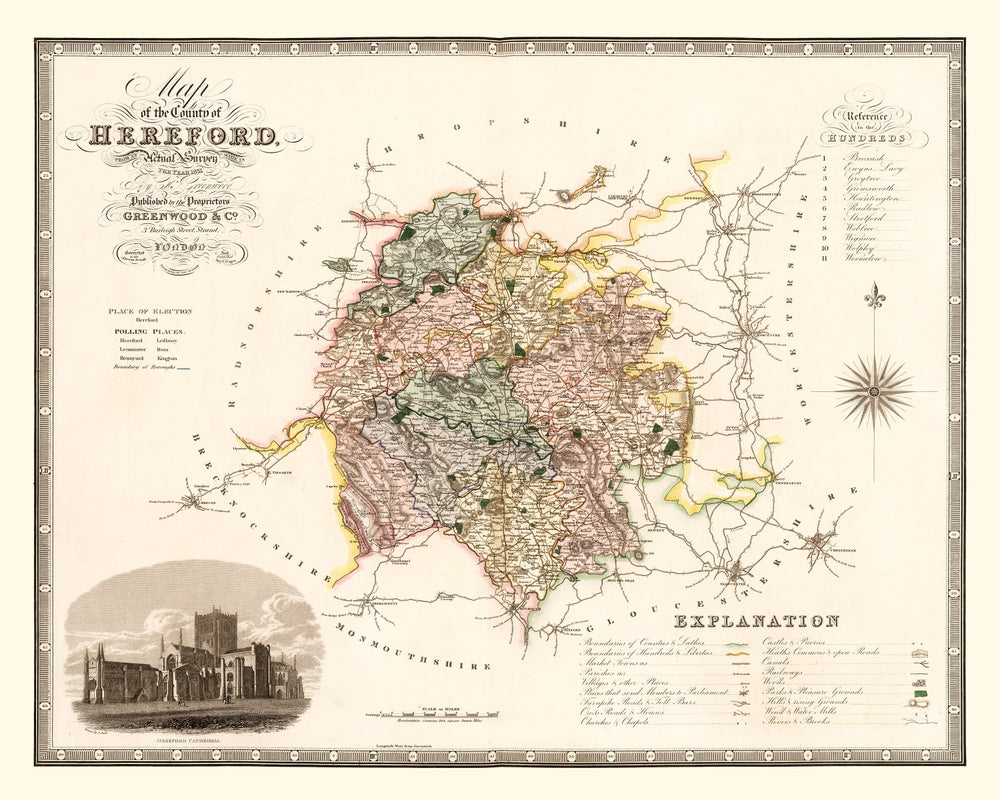 Vintage Map of Hereford England, 1831 print style example