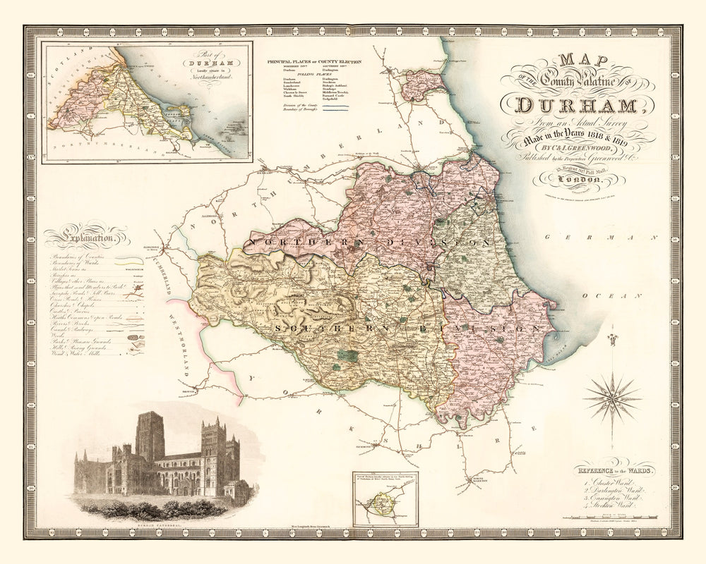 Vintage Map of Map of the County Palatine of Durham England, 1831 print style example