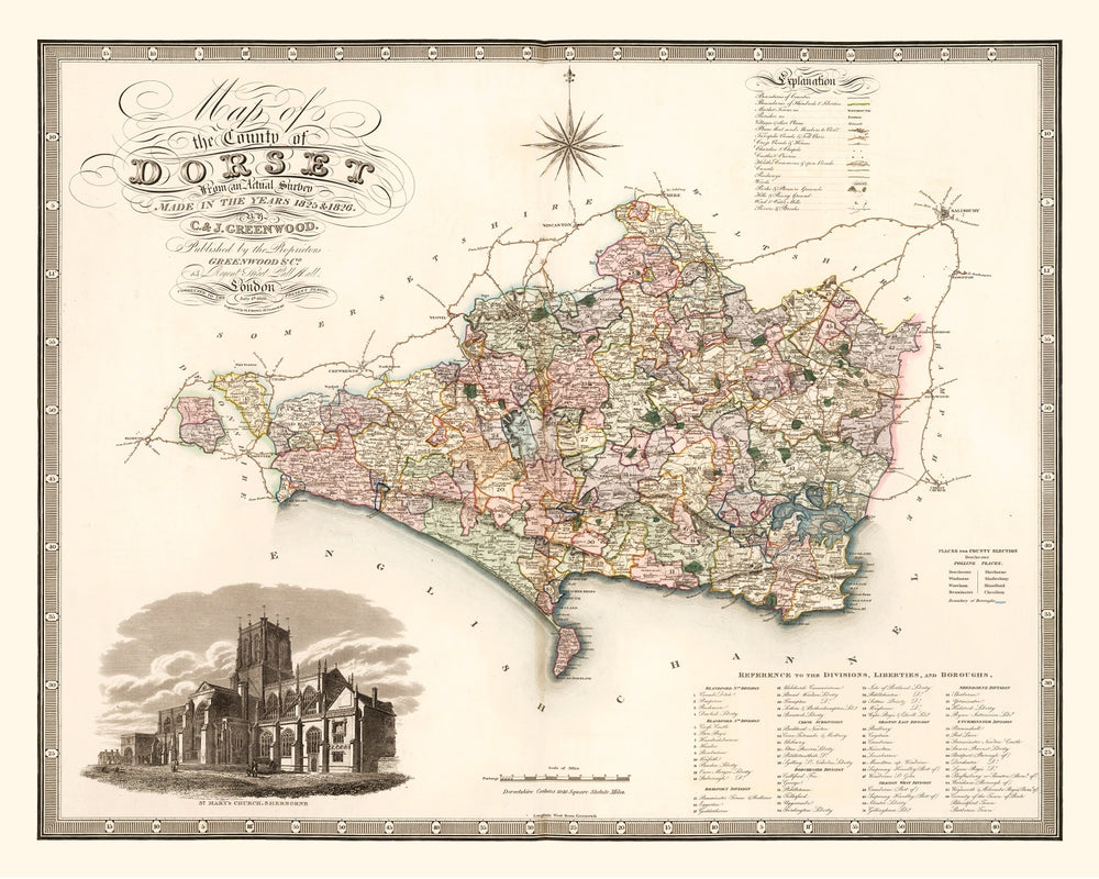 Vintage Map of Dorset England, 1829 print style example
