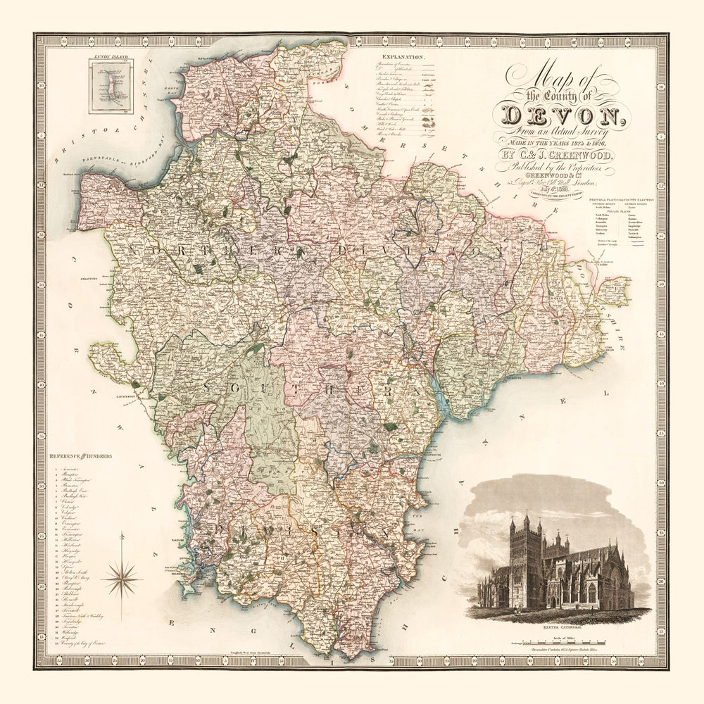 Vintage Map of Devon England, 1829 print style example