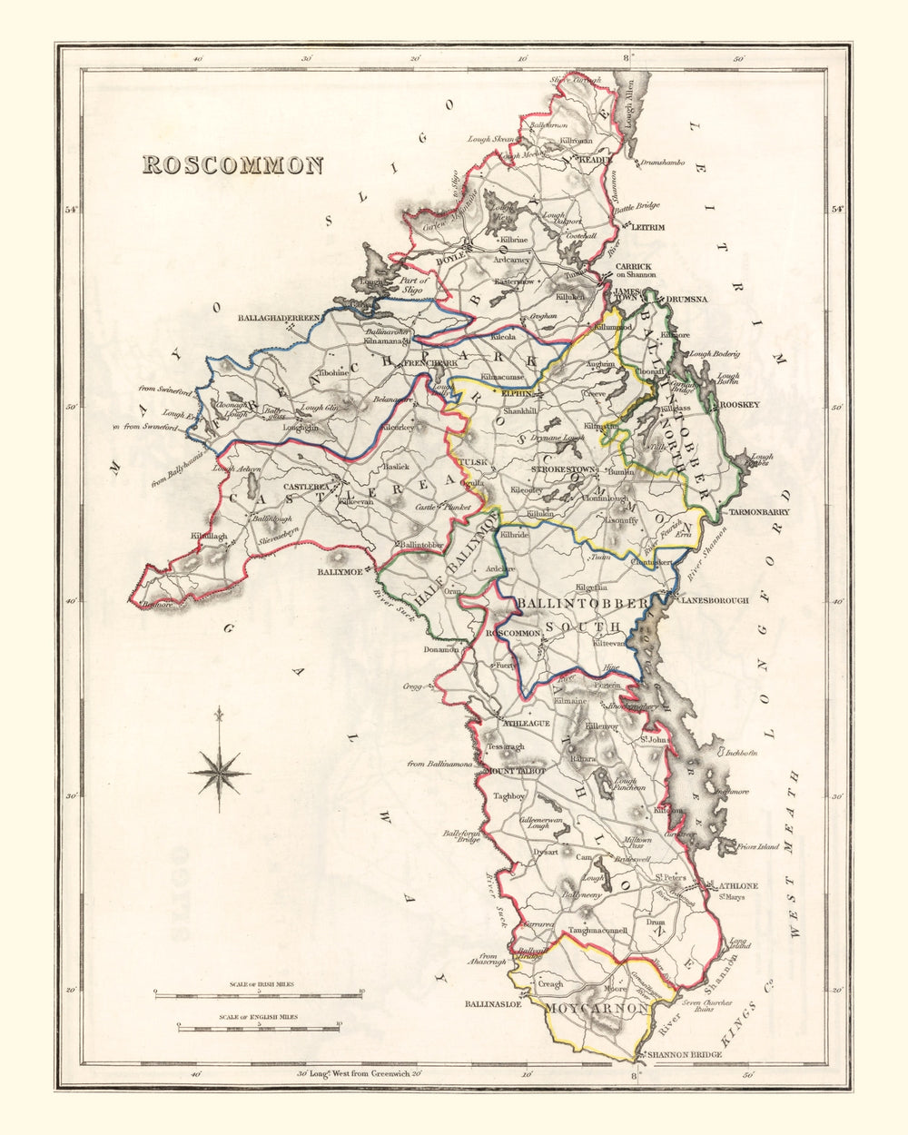 Vintage Map of Roscommon County Ireland, 1846 print style example