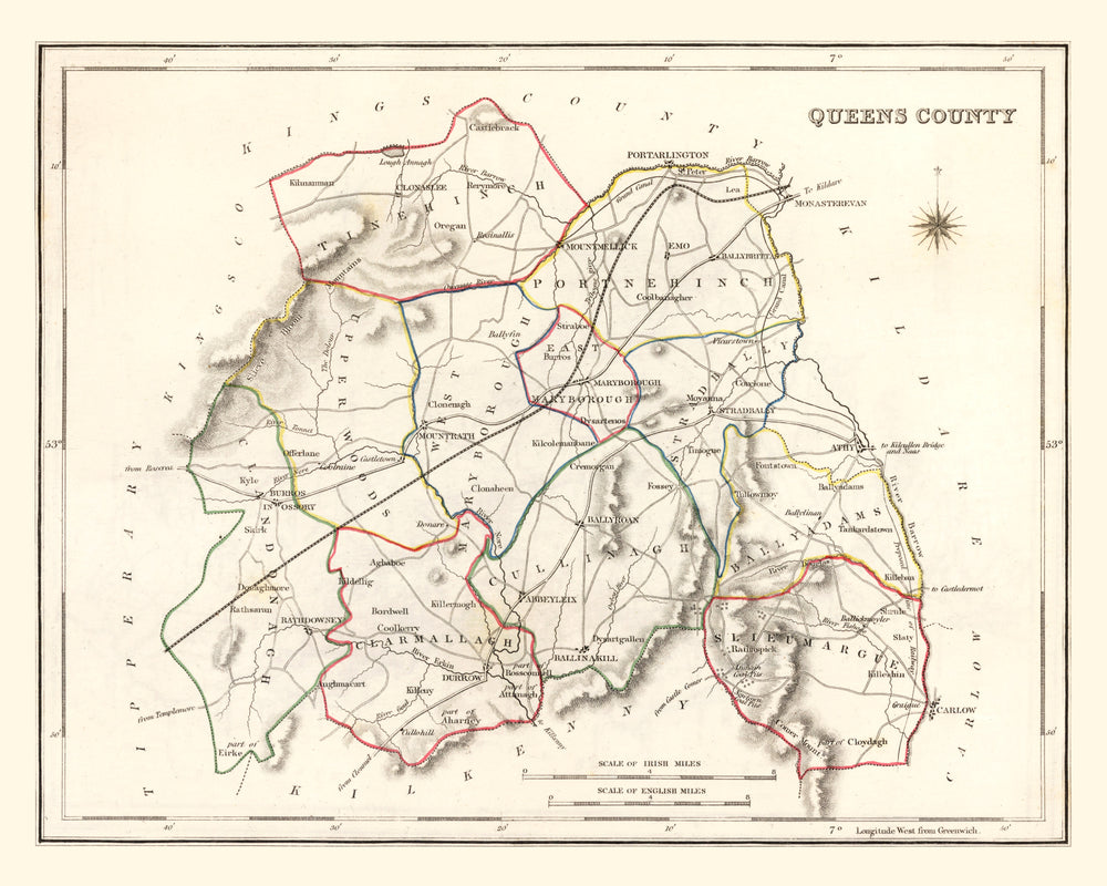 Vintage Map of Queens County Ireland, 1846 print style example