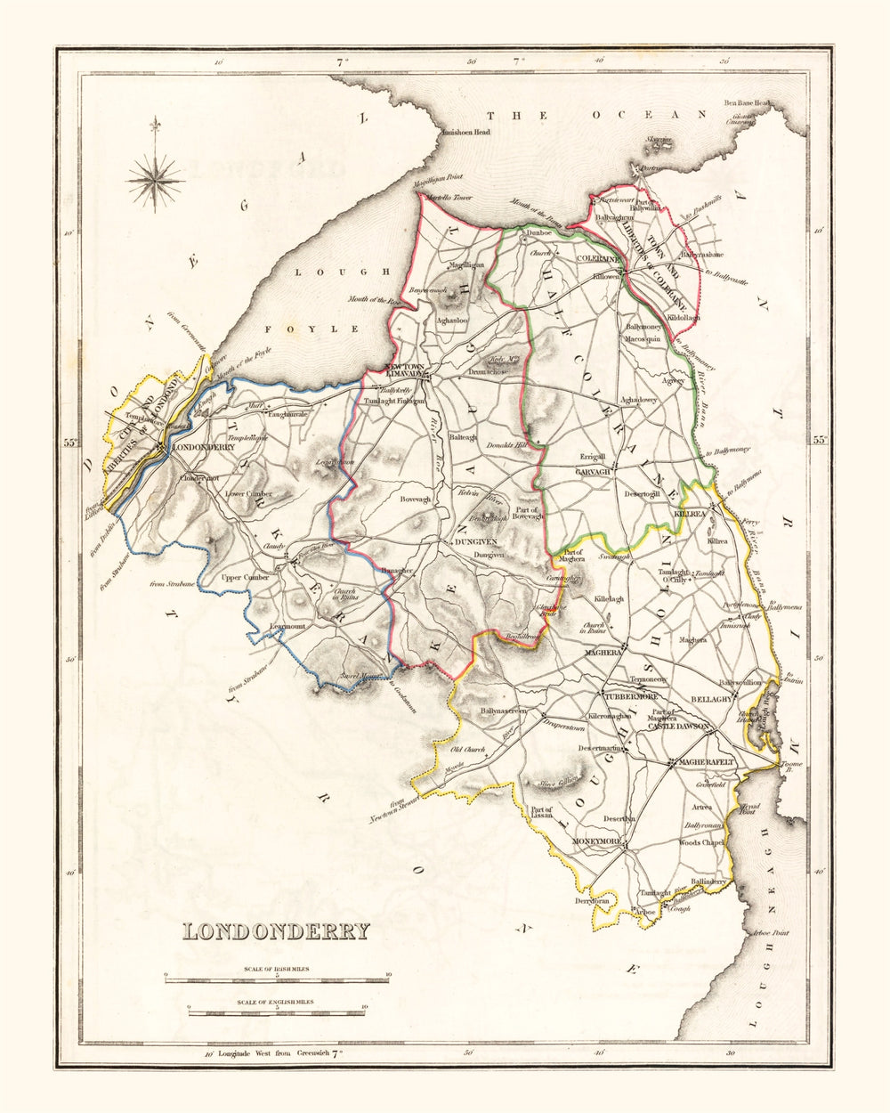 Vintage Map of Londonderry County Ireland, 1846 print style example