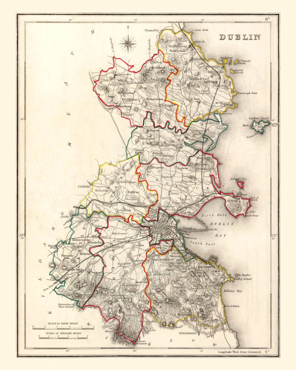 Vintage Map of Dublin County Ireland, 1846 print style example