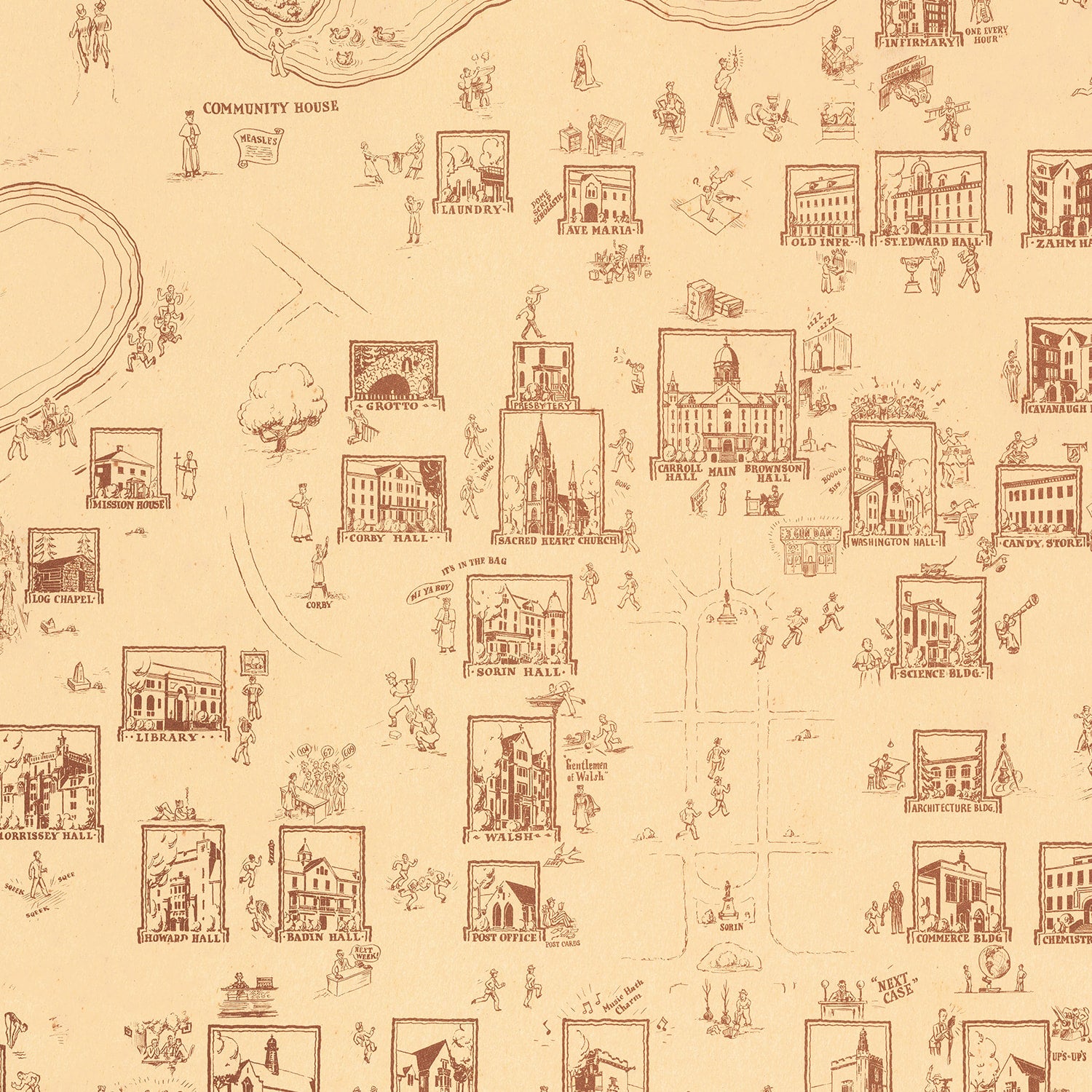 Restored historic details from the 1938 university map of Notre Dame, Indiana