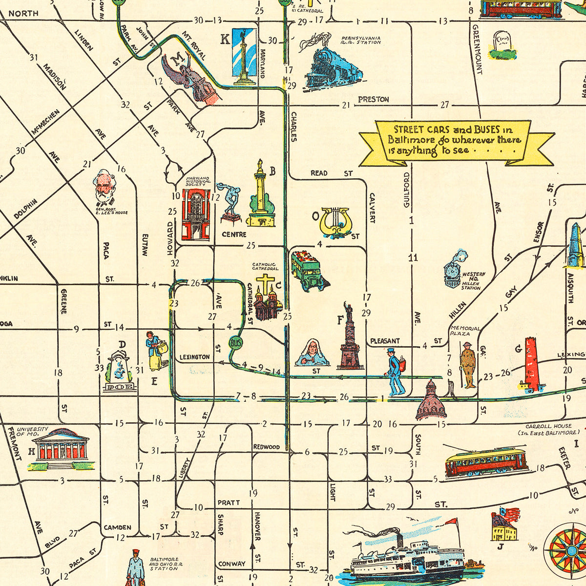 Restored historic details from the 1929 city map of Baltimore, Maryland