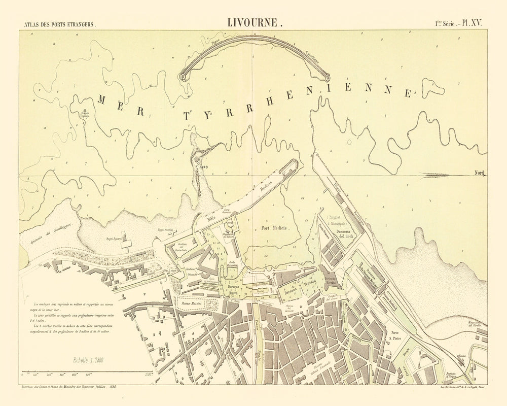 Vintage Map of Livorno, Italy 1884 print style example