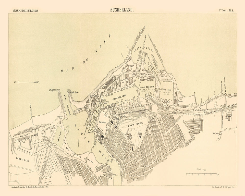 Vintage Map of Sunderland, England 1884 print style example