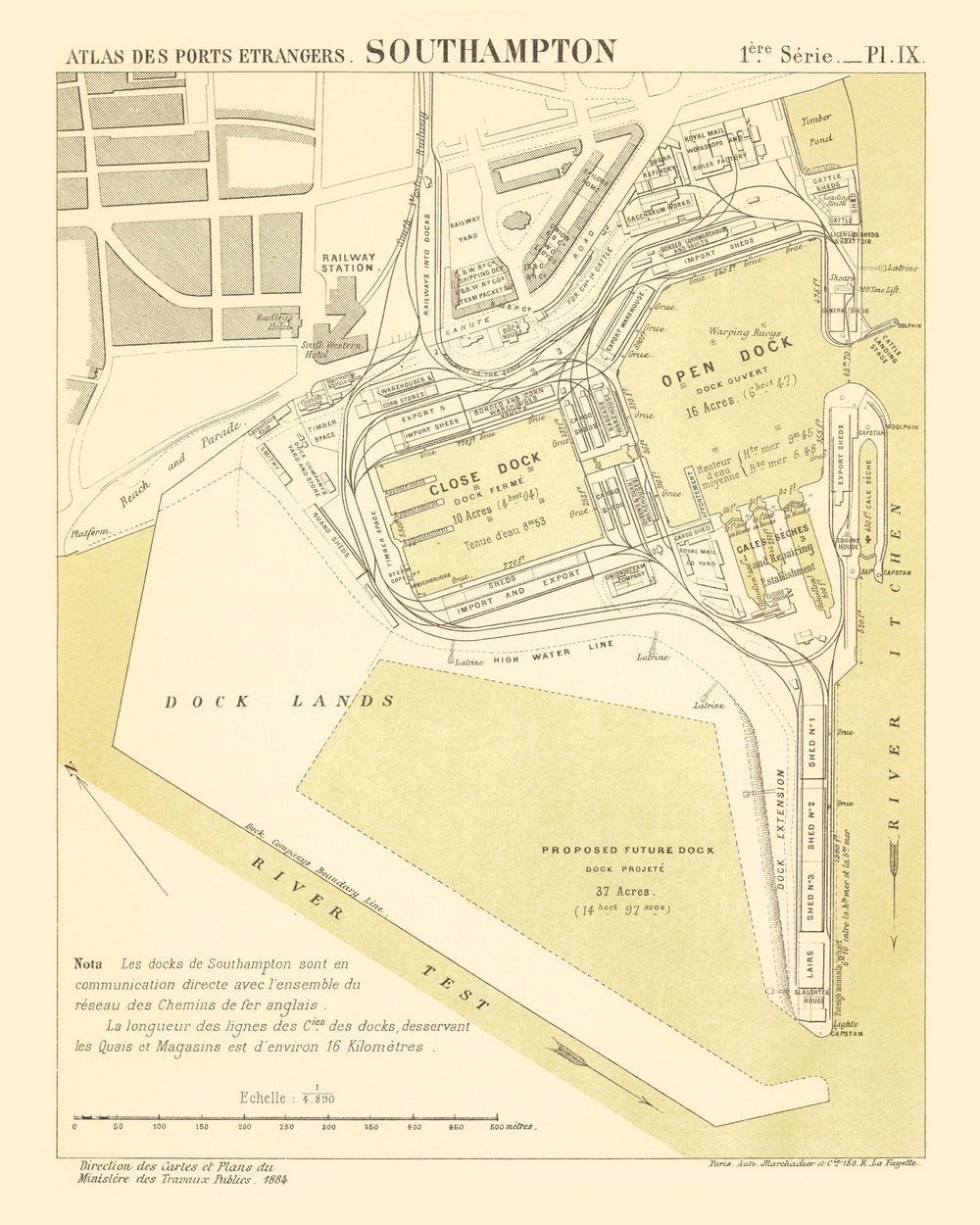 Vintage Map of Southampton, England 1884 print style example