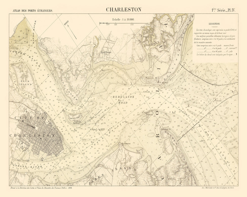 Vintage Map of Charleston, South Carolina 1884 print style example