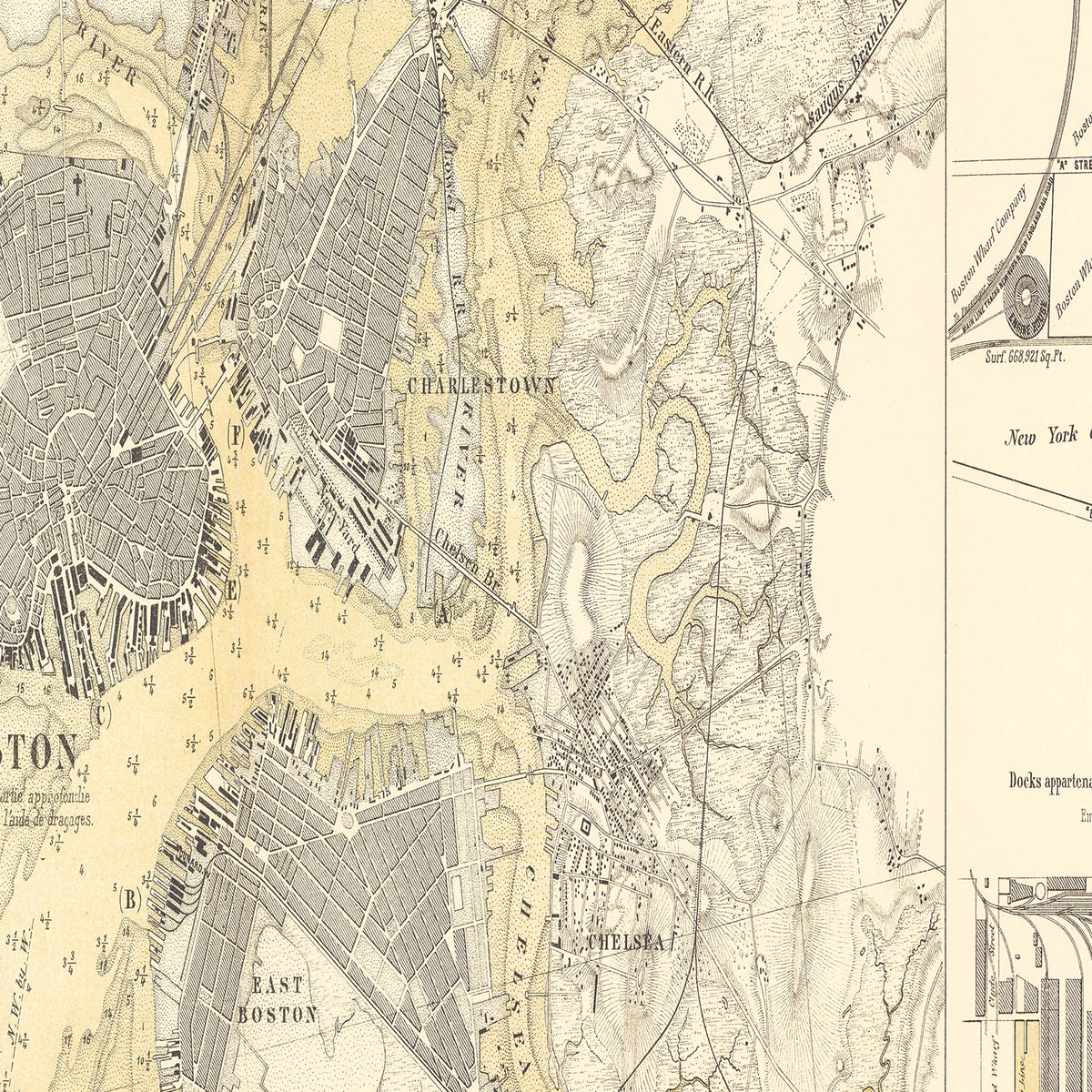 Restored historic details from the 1884 city map of Boston, Massachusetts