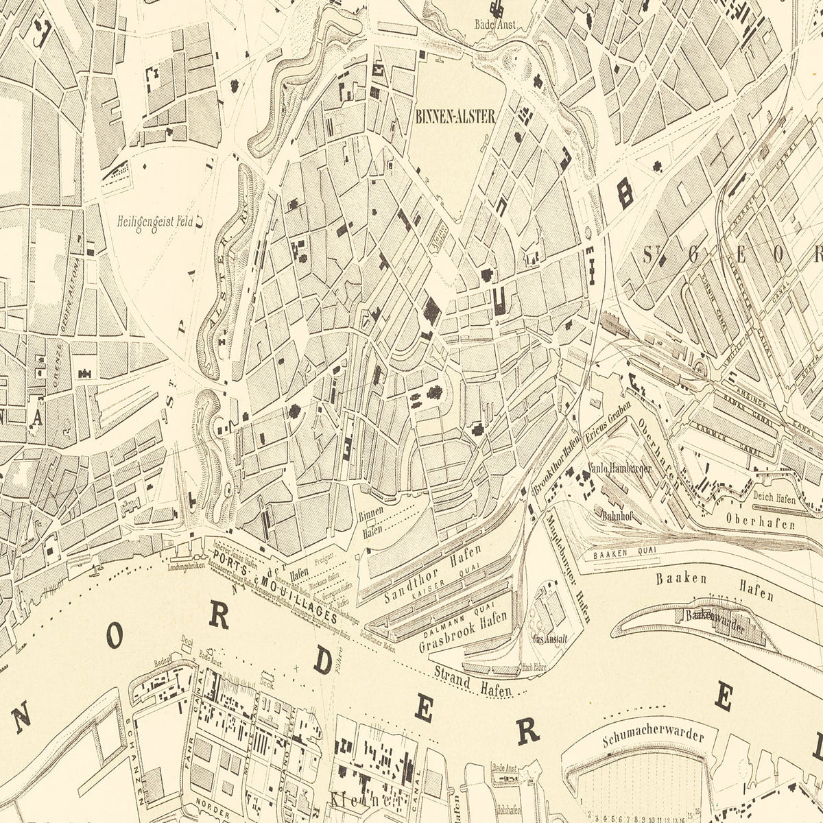 Restored historic details from the 1884 city map of Hamburg