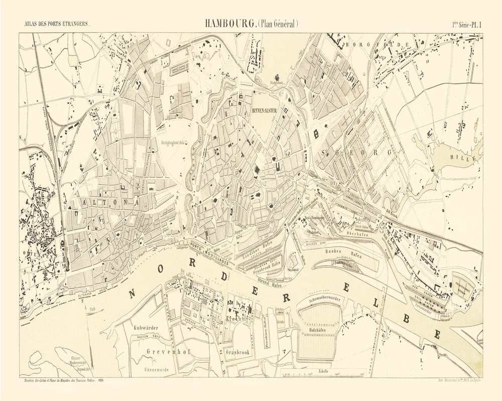 Vintage Map of Hamburg, Germany 1884 print style example
