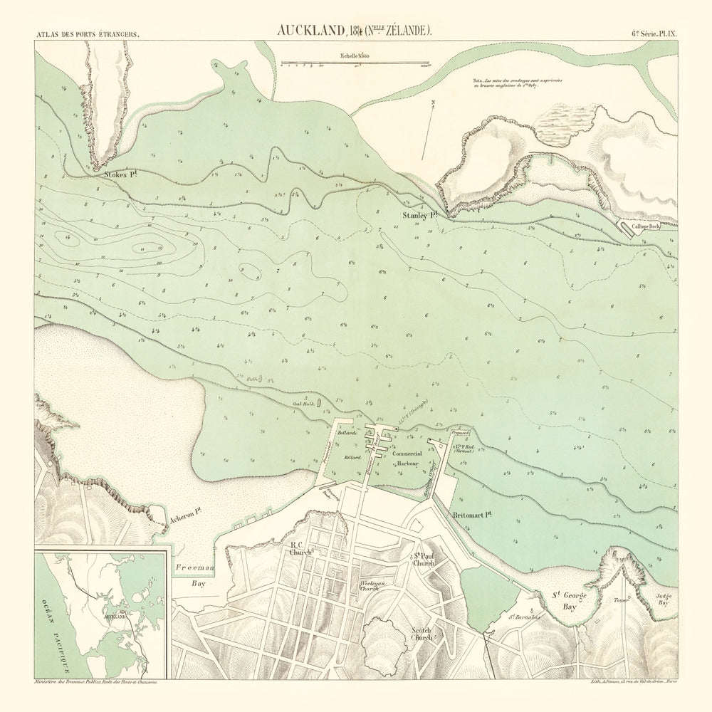 Vintage Map of Auckland, New Zealand 1884 print style example