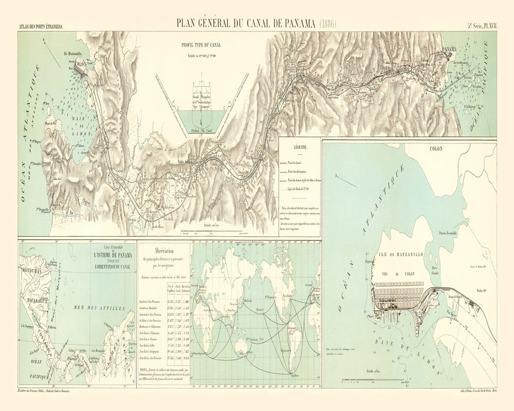 Vintage Map of Panama Canal, 1886 print style example