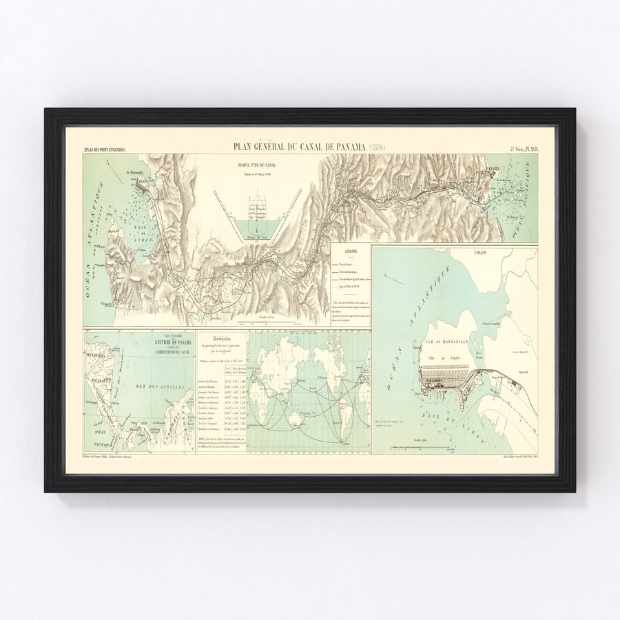 Vintage Map of Panama Canal, 1886