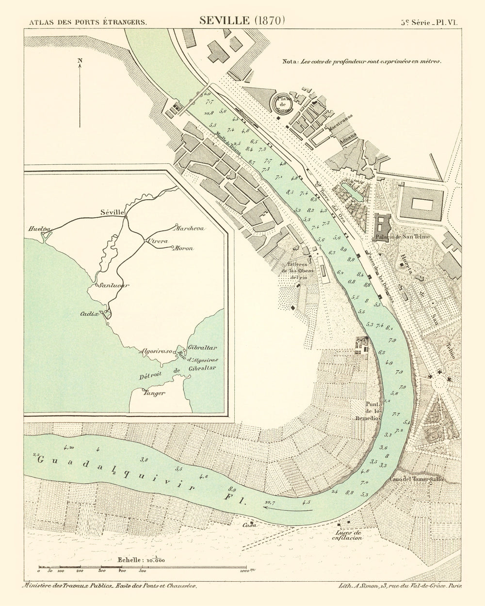Vintage Map of Seville, Spain 1870 print style example