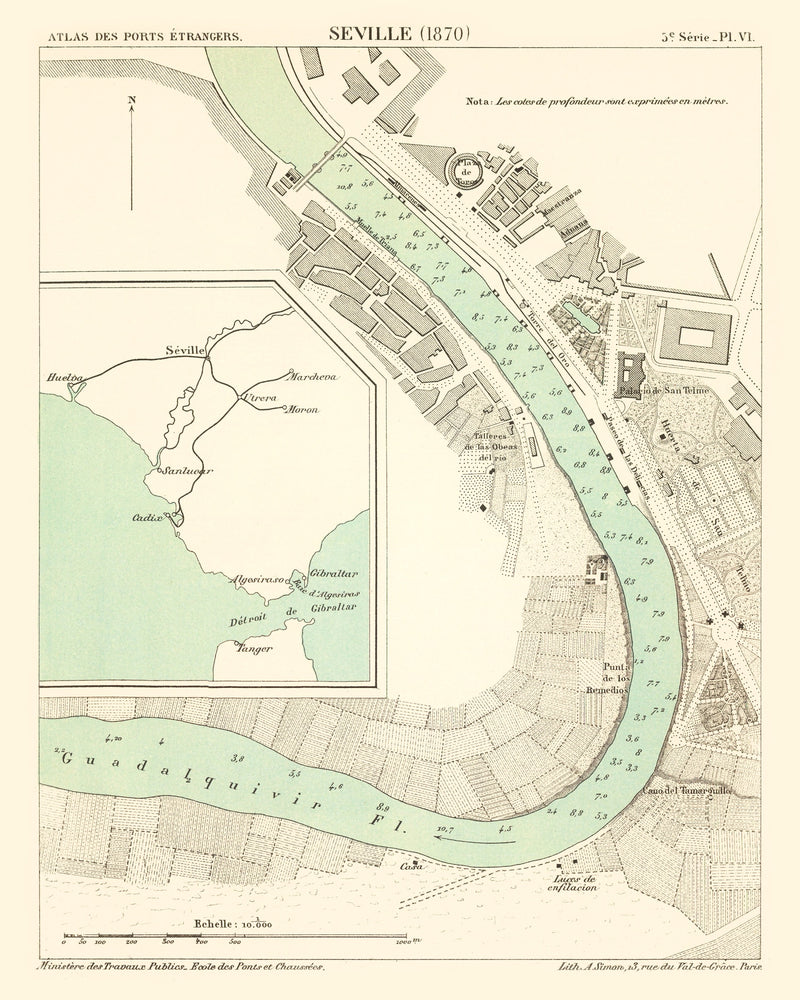 Size comparison using Vintage Map of Seville, Spain 1870