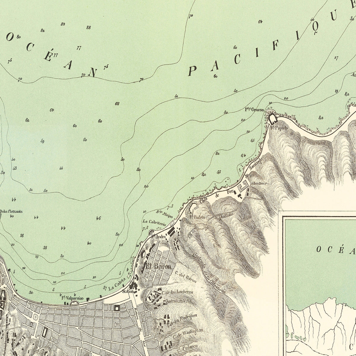 Restored historic details from the 1880 city map of Valparaíso