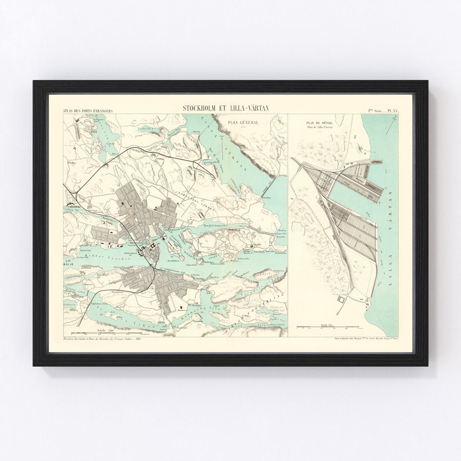 Vintage Map of Stockholm, Sweden 1883