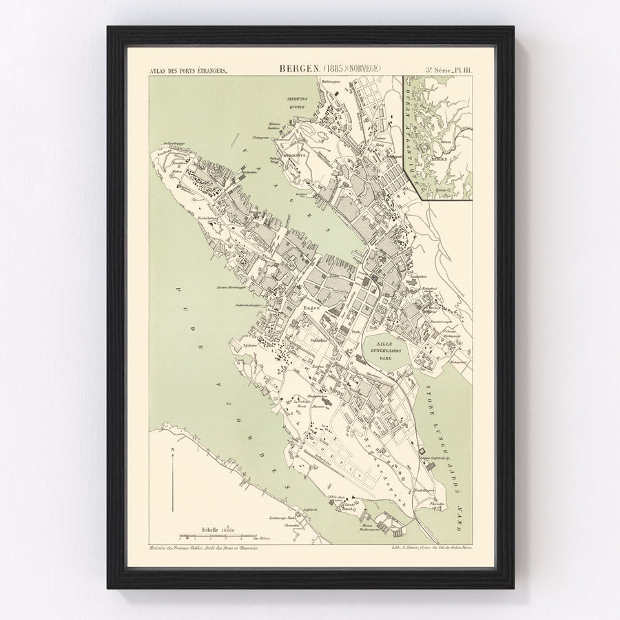 Vintage Map of Bergen, Norway 1885