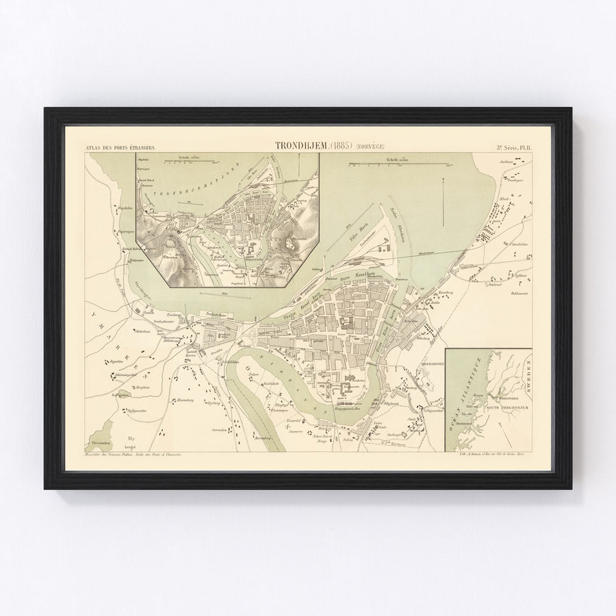 Vintage Map of Trondheim, Norway 1885