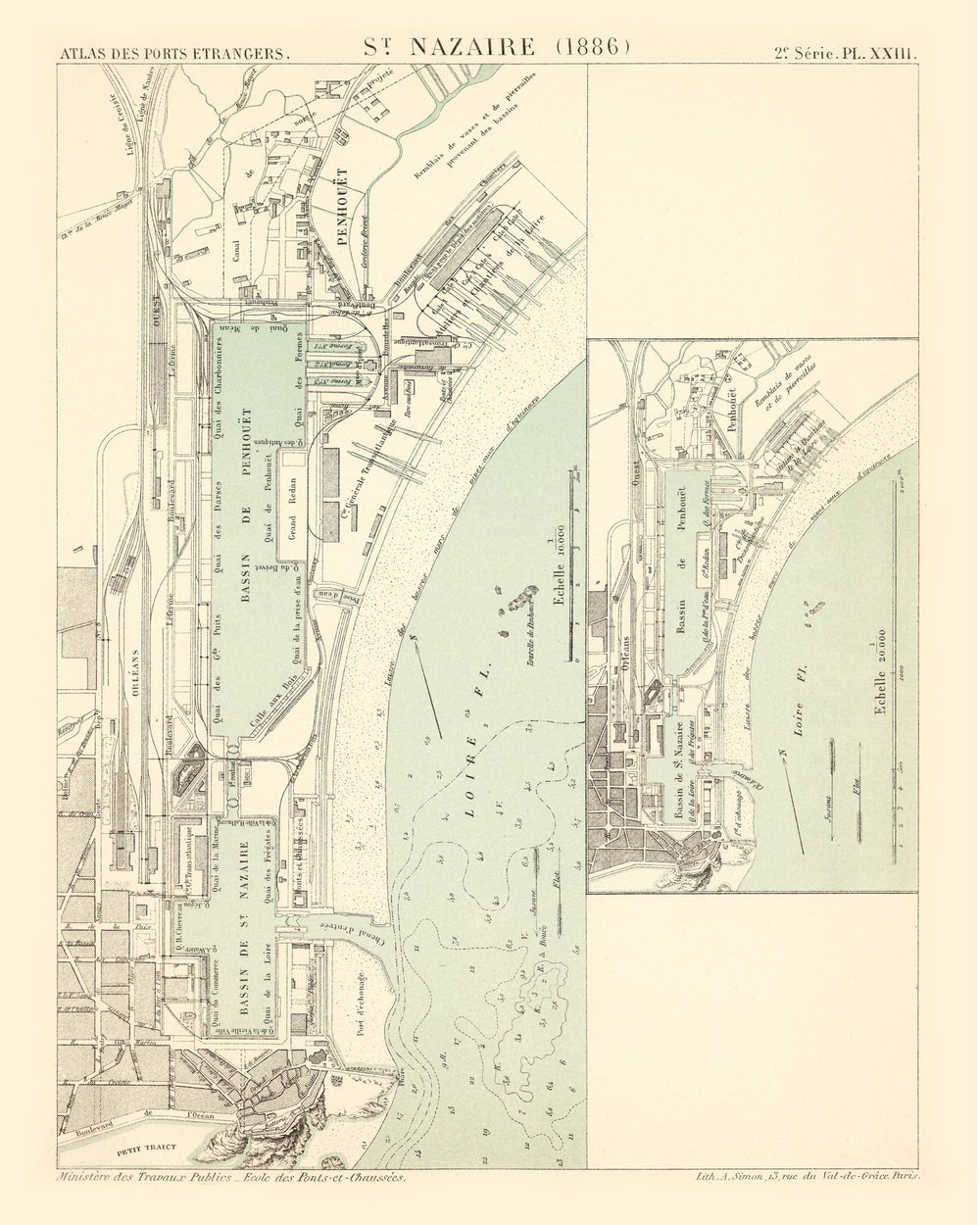Vintage Map of Saint Nazaire, France 1886 print style example