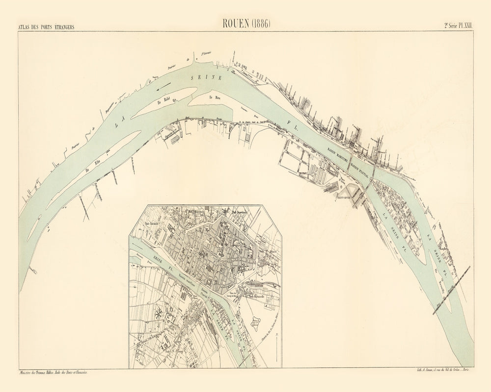 Vintage Map of Rouen, France 1886 print style example