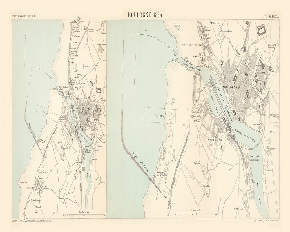 Vintage Map of Boulogne-sur-Mer, France 1884 print style example