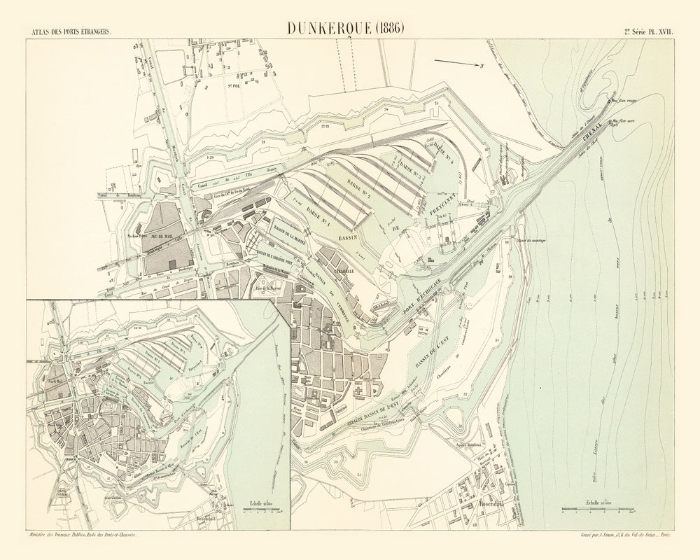 Vintage Map of Dunkerque, France 1886 print style example