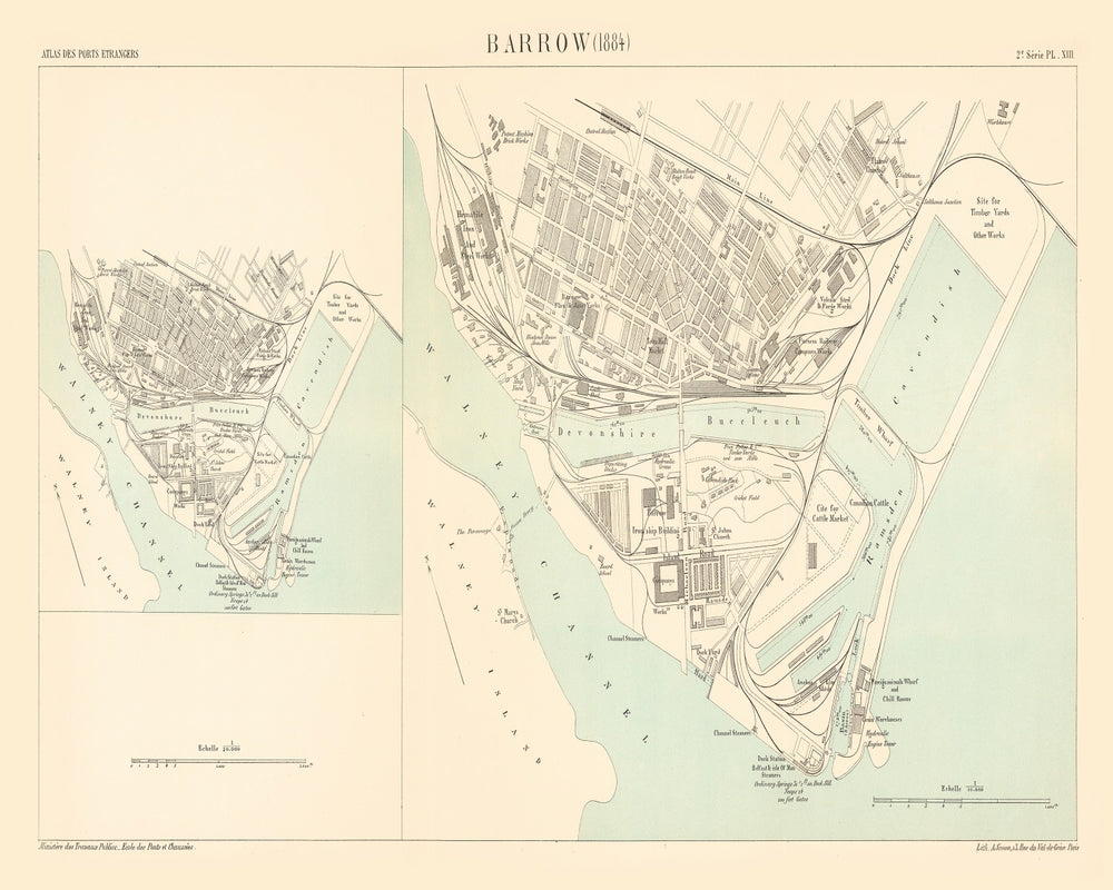 Vintage Map of Barrow, England 1884 print style example