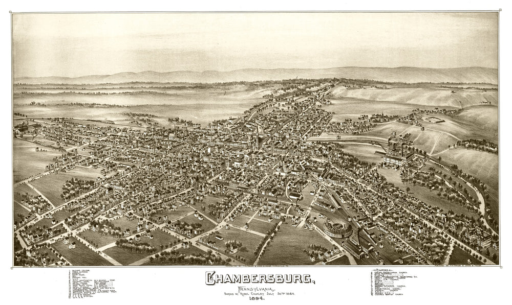 Vintage Map of Chambersburg, Pennsylvania 1885 print style example