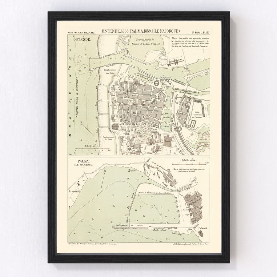 Vintage Map of Ostend, Belgium 1889