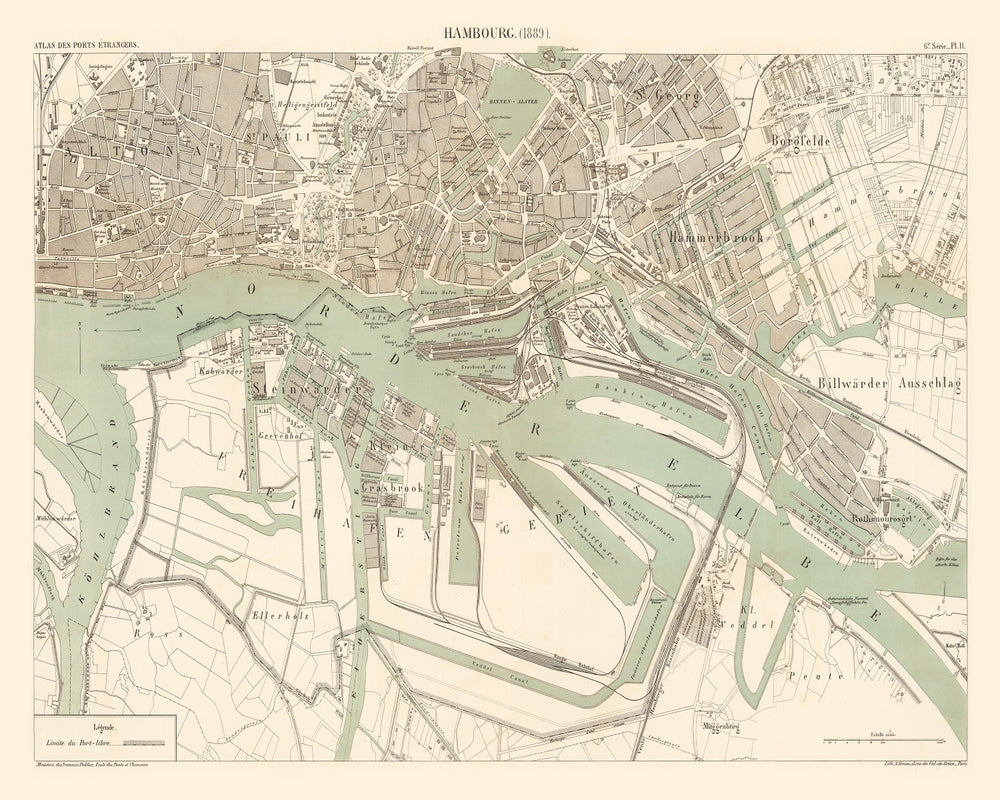 Vintage Map of Hamburg, Germany 1889 print style example