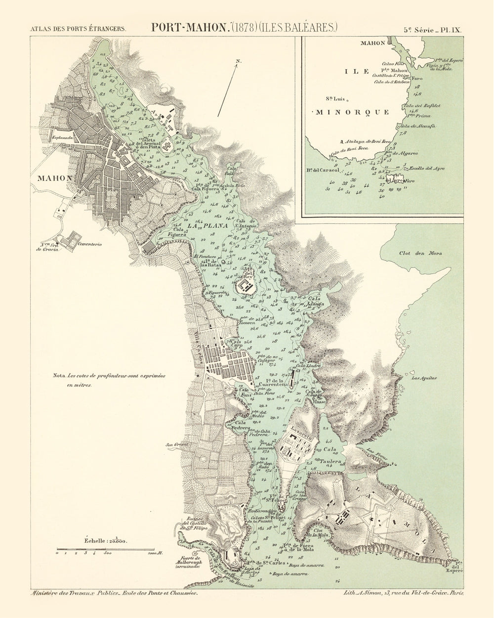 Vintage Map of Mahón, Spain 1878 print style example