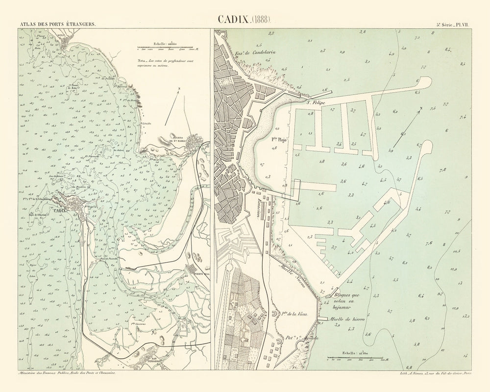 Vintage Map of Cadix, Spain 1888 print style example