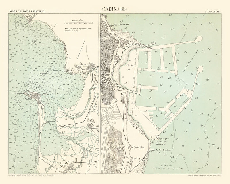Size comparison using Vintage Map of Cadix, Spain 1888