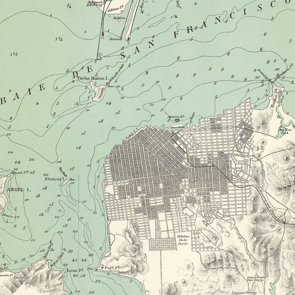 Restored historic details from the 1884 city map of San Francisco, California