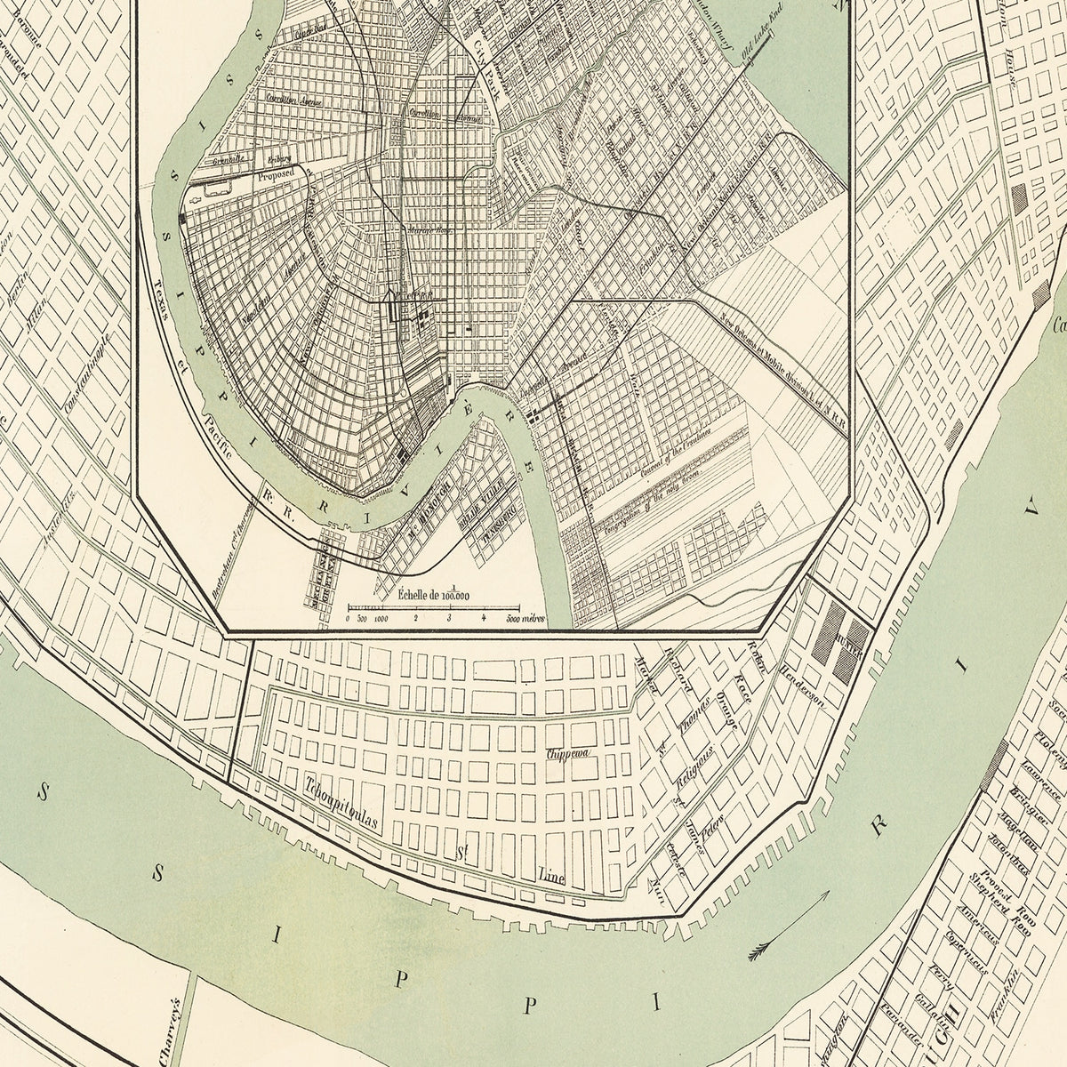 Restored historic details from the 1886 city map of New Orleans, Louisiana