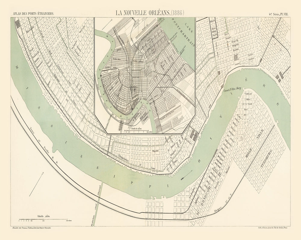 Vintage Map of New Orleans, Louisiana 1886 print style example