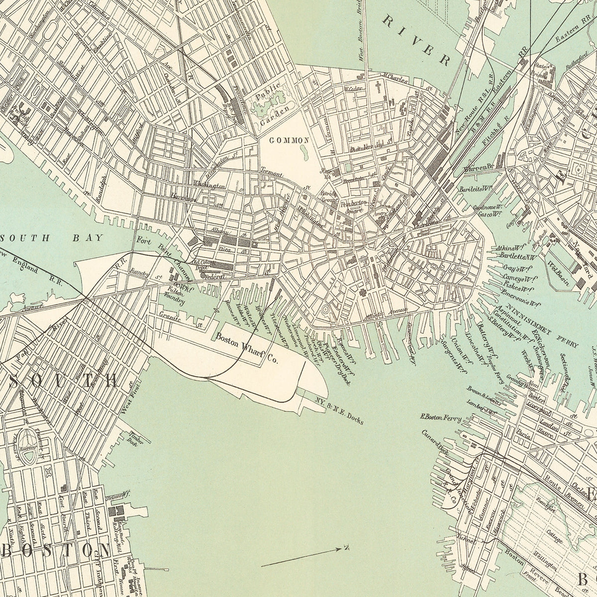 Restored historic details from the 1884 city map of Boston, Massachusetts