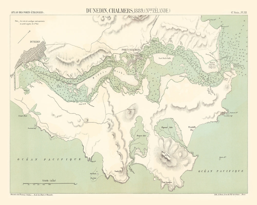 Vintage Map of Dunedin, New Zealand 1889 print style example