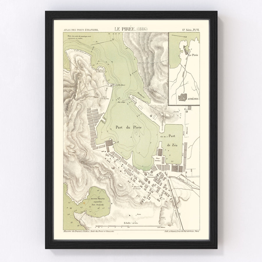 Vintage Map of Piraeus, Greece 1886